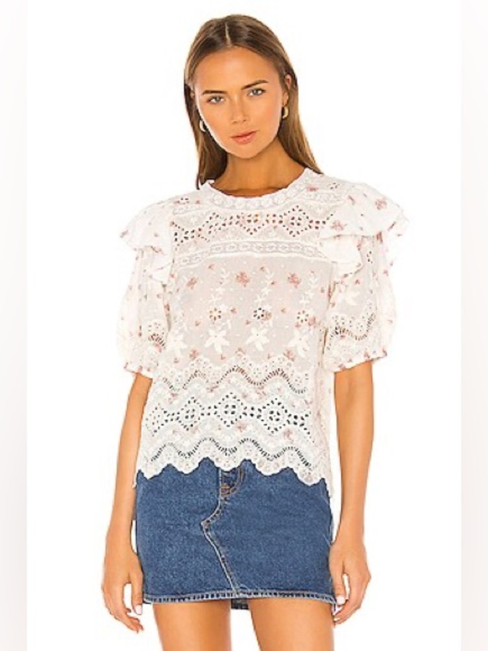 LoveShackFancy Tilda Top in French Cream/Pink Floral, Size Small